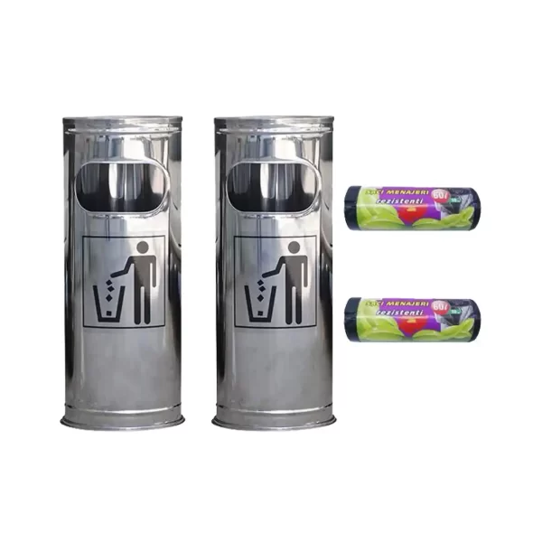pachet 2 x cos gunoi cu scrumiera din inox 24 cm 2 saci menajeri 60 l