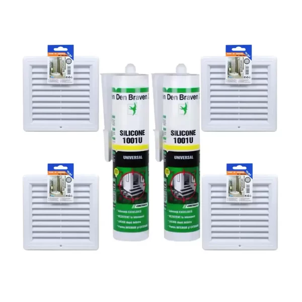 pachet 4 x te ma rama de aerisire cu plasa 200 x 200 mm 2 x den braven silicon universal transparent 1001u 280 ml 1