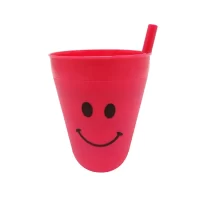 pahar plastic cu pai incorporat 200 ml model smiley rosu 1